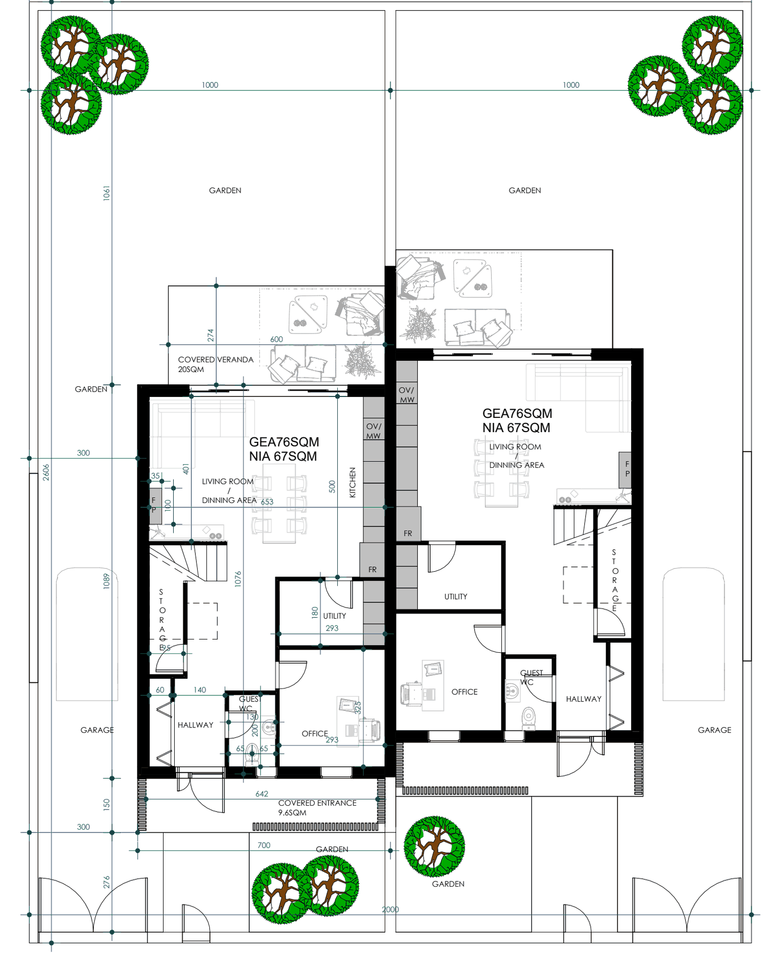 Ground floor plan of the Stroumbi semi-detached homes