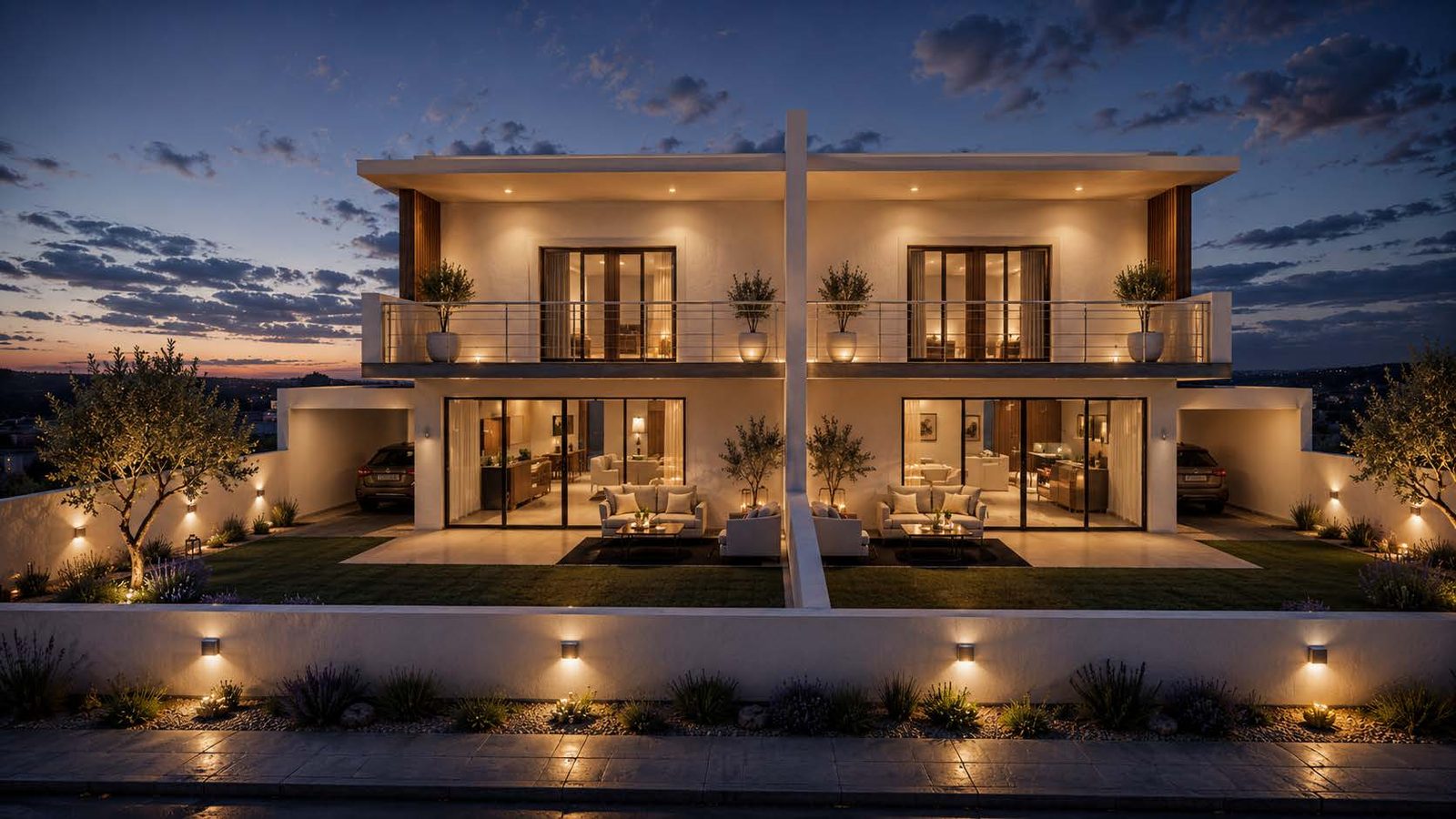 Visualisation of the Stroumbi homes from the garden side at dusk