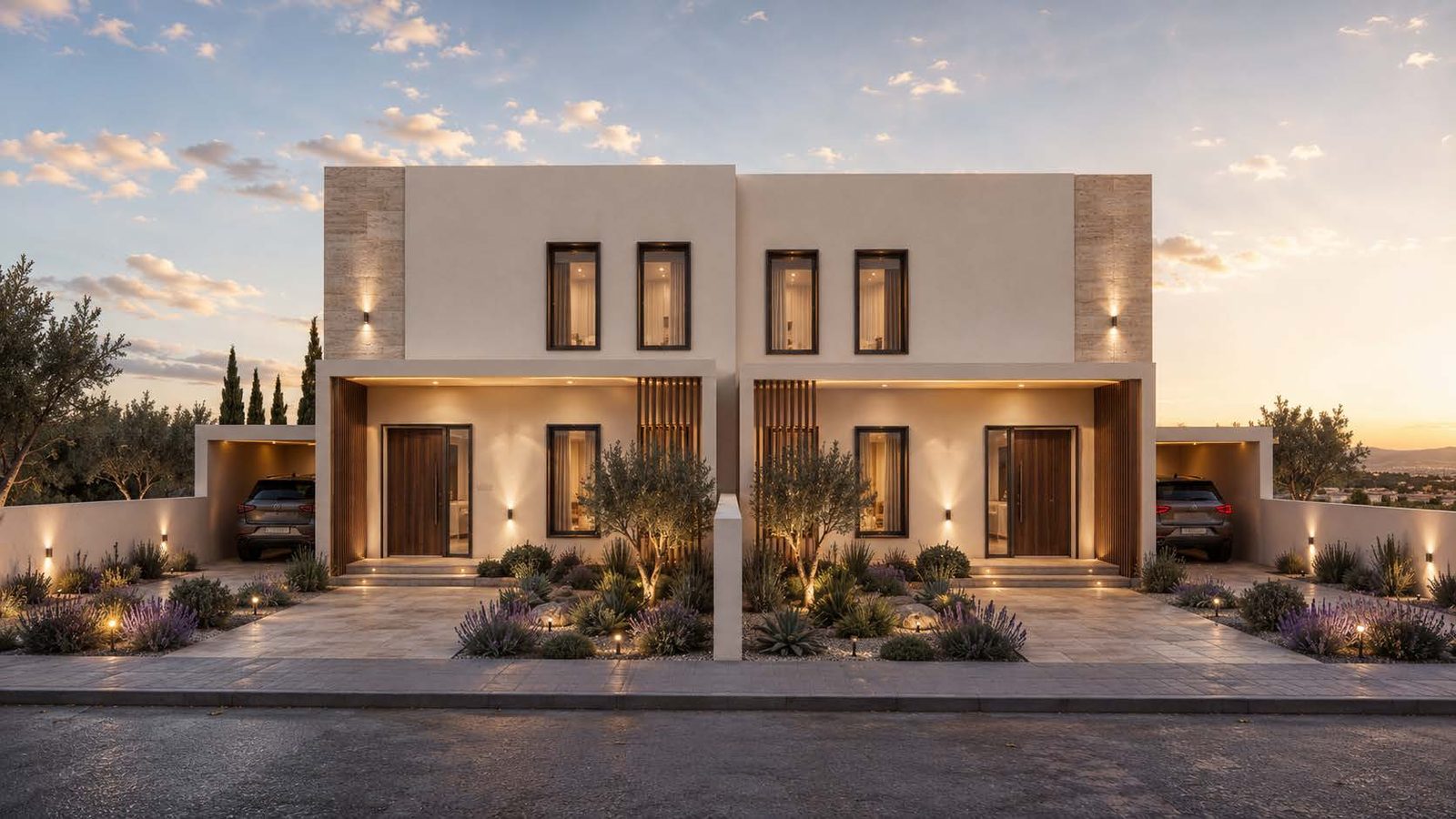Visualisation of the Stroumbi homes from the street at dusk