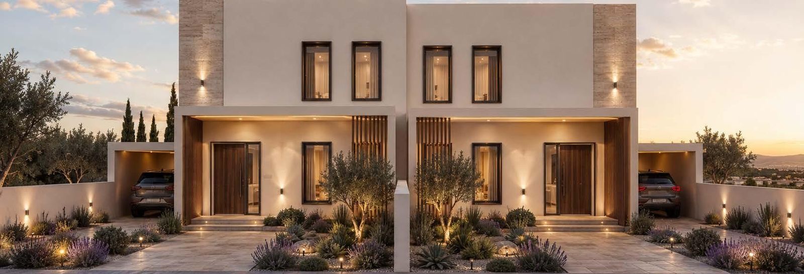 Visualisation of two semi-detached homes at dusk, the Stroumbi project